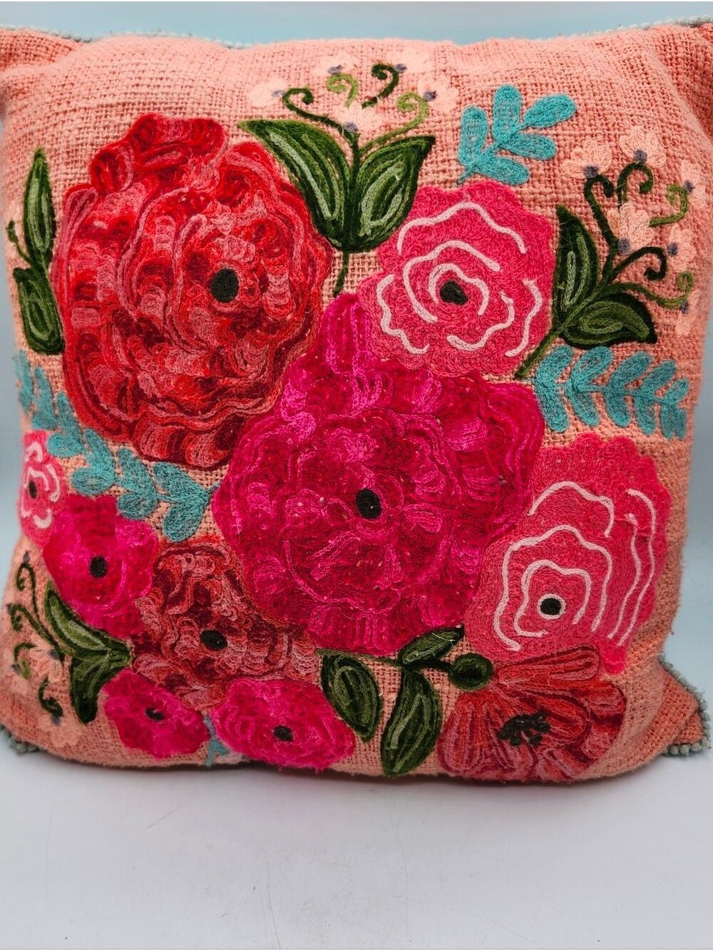 Karma Living Embroidered Pink Floral Accent Pillow with Multicolor Blooms